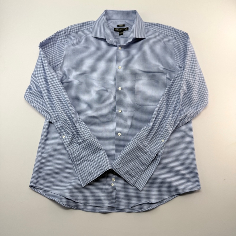 Pronto Uomo Mens 17 34/35 Blue White Micro Houndstooth Slim Fit Non-Iron Shirt